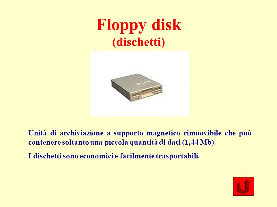 Floppy disk (dischetti) Unità di archiviazione a supporto magnetico rimuovibile che può contenere soltanto una piccola quantità di dati (1,44 Mb).