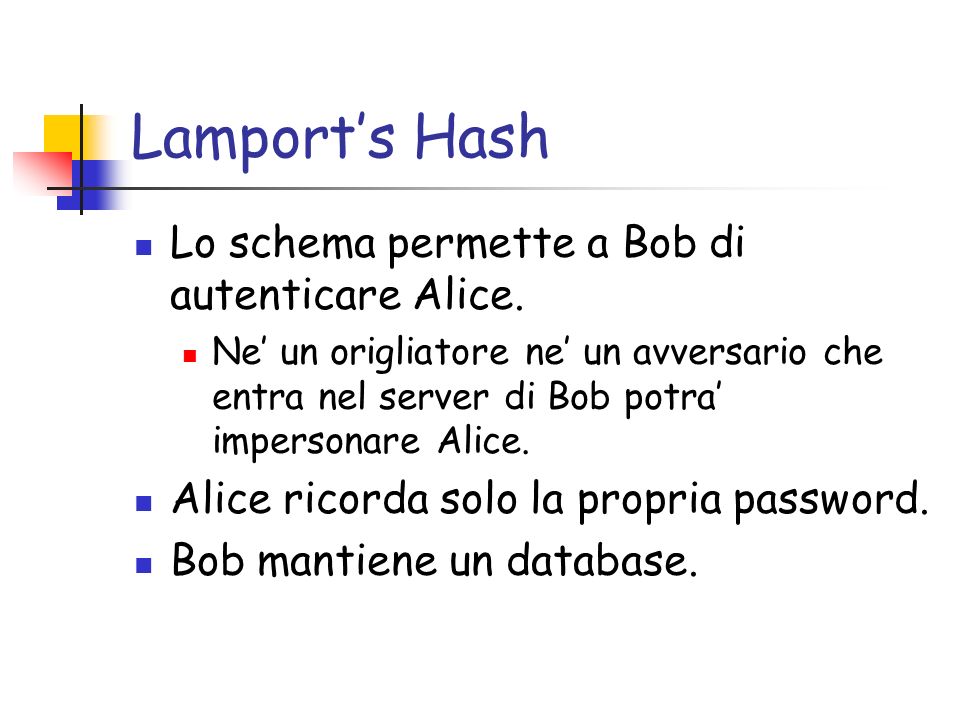 Lamports Hash Lo schema permette a Bob di autenticare Alice.