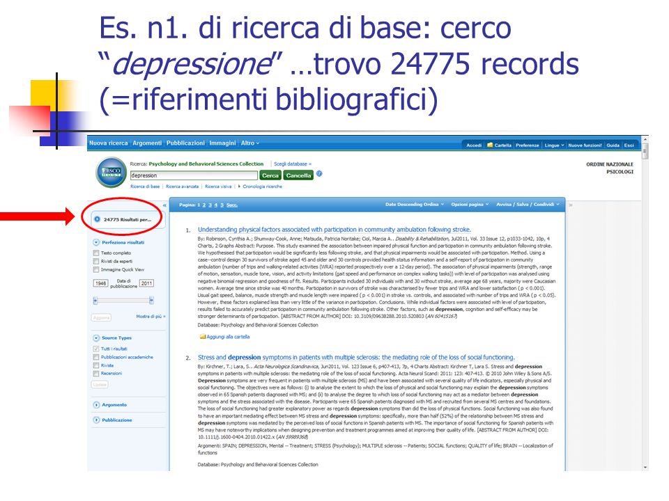 Es. n1. di ricerca di base: cercodepressione …trovo records (=riferimenti bibliografici)