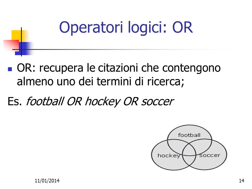 11/01/ Operatori logici: OR OR: recupera le citazioni che contengono almeno uno dei termini di ricerca; Es.