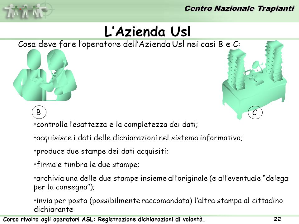 Centro Nazionale Trapianti Corso rivolto agli operatori ASL: Registrazione dichiarazioni di volontà.