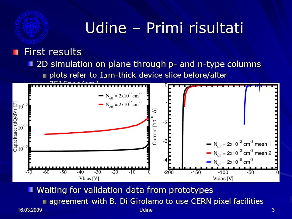 Udine 3 Udine – Primi risultati First results 2D simulation on plane through p- and n-type columns plots refer to 1m-thick device slice before/after 2E16neq/cm 2 Waiting for validation data from prototypes agreement with B.