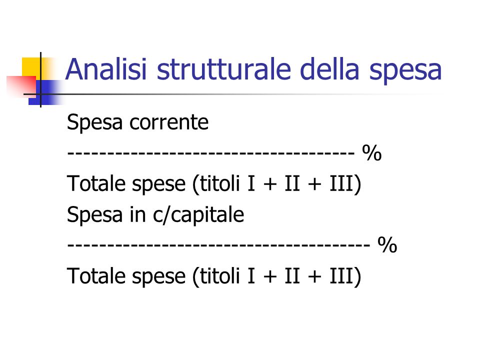Analisi strutturale della spesa Spesa corrente % Totale spese (titoli I + II + III) Spesa in c/capitale % Totale spese (titoli I + II + III)
