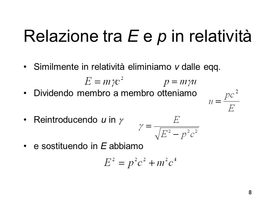 88 Relazione tra E e p in relatività Similmente in relatività eliminiamo v dalle eqq.