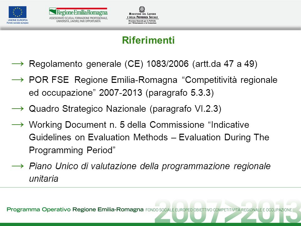 Riferimenti Regolamento generale (CE) 1083/2006 (artt.da 47 a 49) POR FSE Regione Emilia-Romagna Competitività regionale ed occupazione (paragrafo 5.3.3) Quadro Strategico Nazionale (paragrafo VI.2.3) Working Document n.