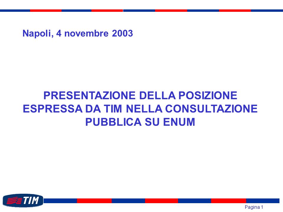 Pagina 1 PRESENTAZIONE DELLA POSIZIONE ESPRESSA DA TIM NELLA CONSULTAZIONE PUBBLICA SU ENUM Napoli, 4 novembre 2003