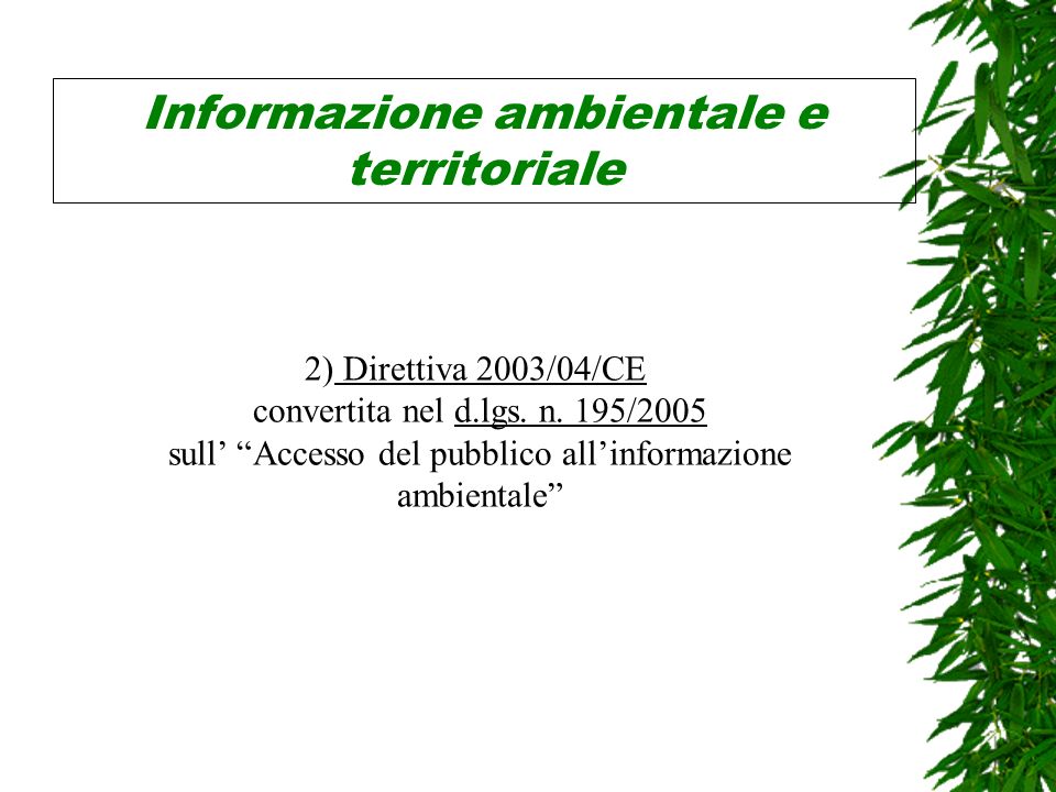 Informazione ambientale e territoriale 2) Direttiva 2003/04/CE convertita nel d.lgs.