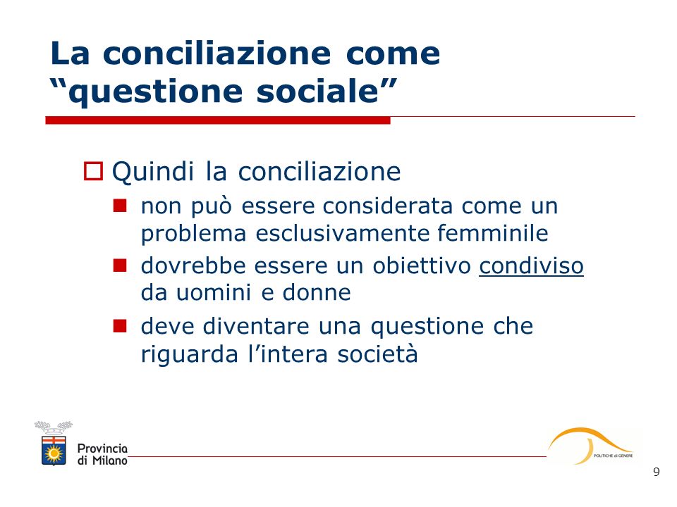 9 La conciliazione come questione sociale Quindi la conciliazione non può essere considerata come un problema esclusivamente femminile dovrebbe essere un obiettivo condiviso da uomini e donne deve diventare una questione che riguarda lintera società