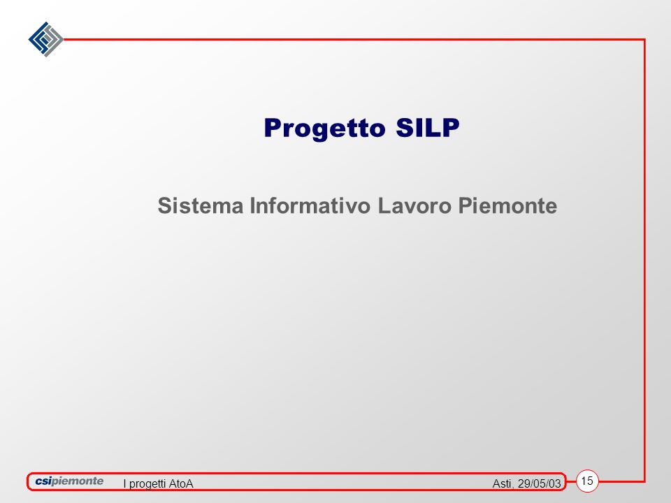 15 Asti, 29/05/03I progetti AtoA Progetto SILP Sistema Informativo Lavoro Piemonte