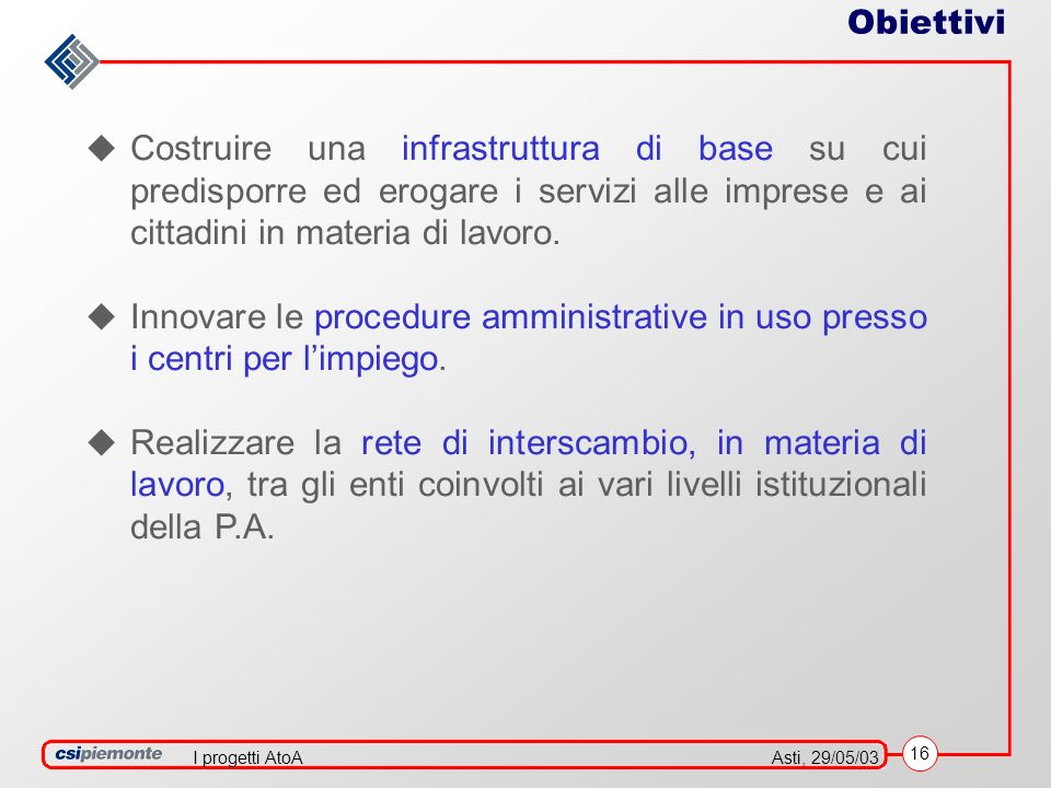 16 Asti, 29/05/03I progetti AtoA Costruire una infrastruttura di base su cui predisporre ed erogare i servizi alle imprese e ai cittadini in materia di lavoro.