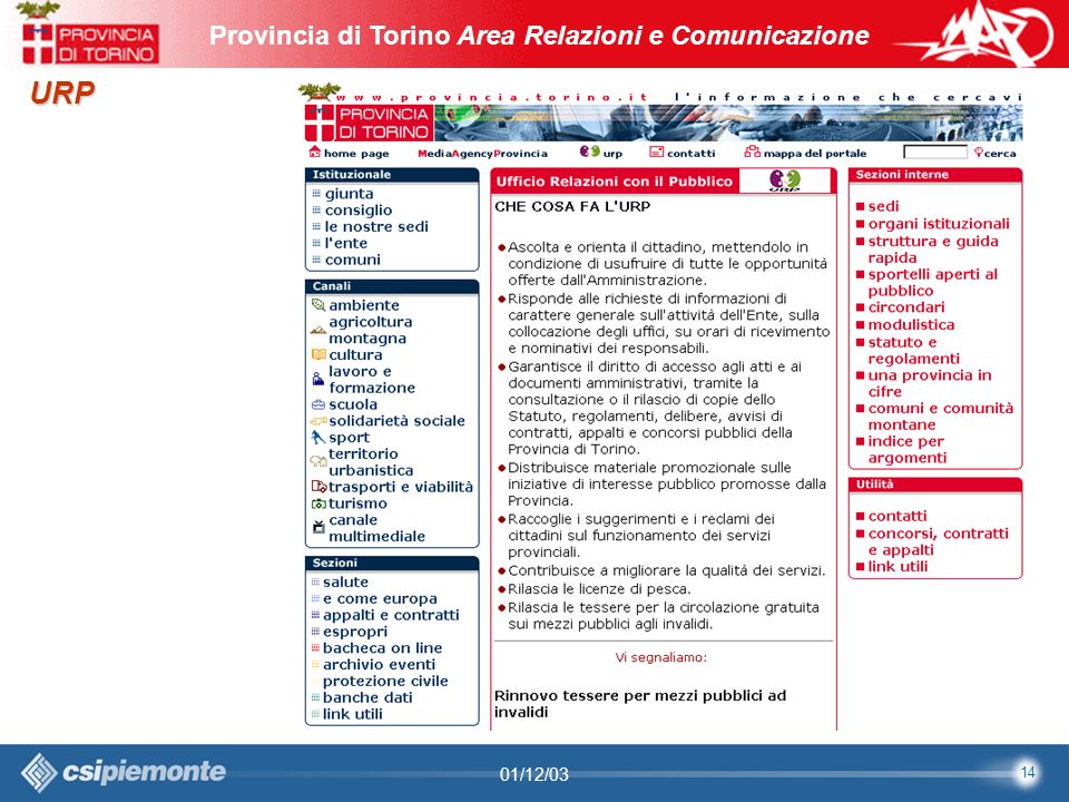 14 Area Comunicazione e Sviluppo Web09/10/2003Sito Web Provincia di Torino Provincia di Torino Area Relazioni e Comunicazione 14 01/12/03 URP