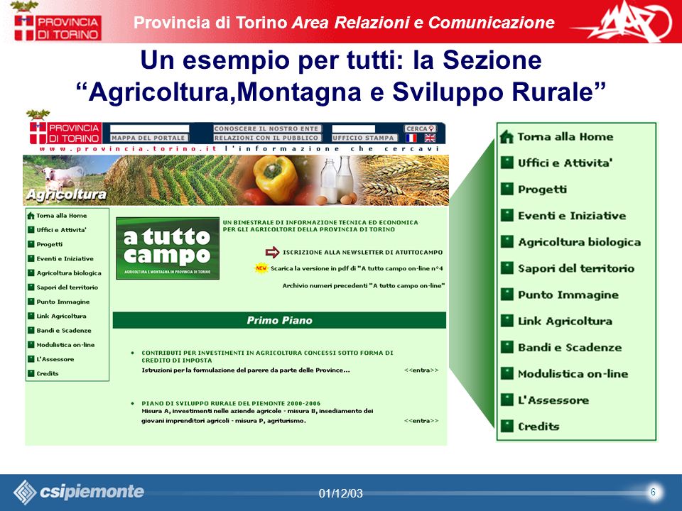 6 Area Comunicazione e Sviluppo Web09/10/2003Sito Web Provincia di Torino Provincia di Torino Area Relazioni e Comunicazione 6 01/12/03 Un esempio per tutti: la Sezione Agricoltura,Montagna e Sviluppo Rurale