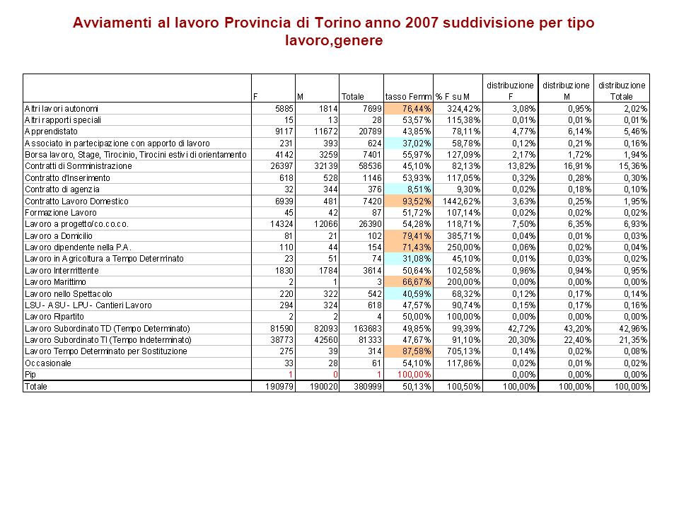 Avviamenti al lavoro Provincia di Torino anno 2007 suddivisione per tipo lavoro,genere