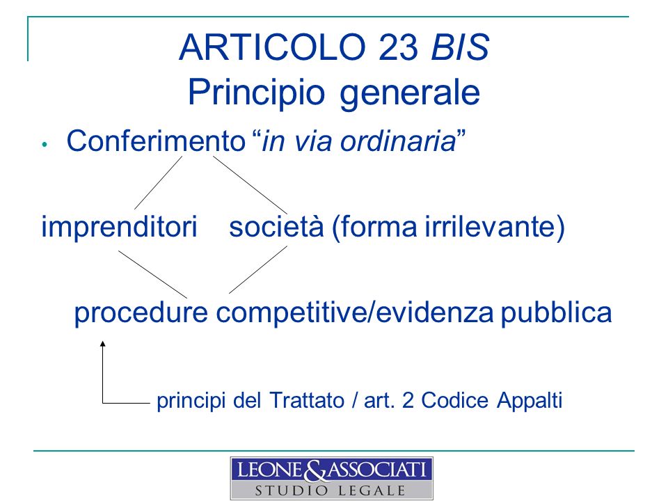 ARTICOLO 23 BIS Principio generale Conferimento in via ordinaria imprenditori società (forma irrilevante) procedure competitive/evidenza pubblica principi del Trattato / art.