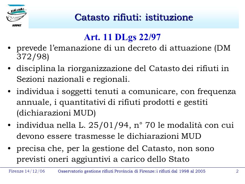 Firenze 14/12/06Osservatorio gestione rifiuti Provincia di Firenze: i rifiuti dal 1998 al Catasto rifiuti: istituzione Art.