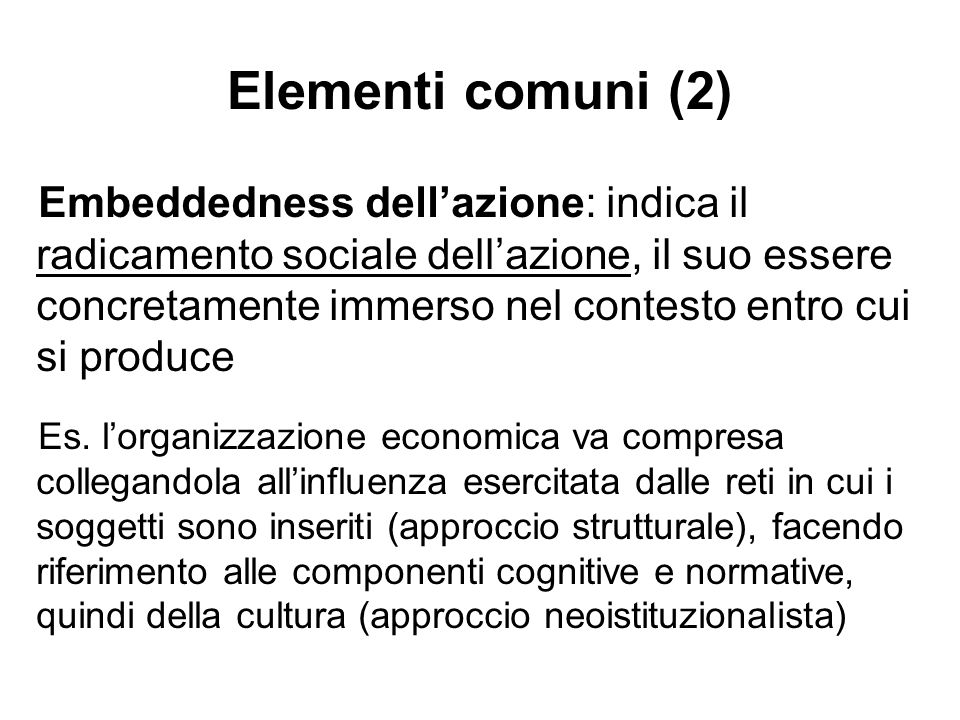 Elementi comuni (2) Embeddedness dellazione: indica il radicamento sociale dellazione, il suo essere concretamente immerso nel contesto entro cui si produce Es.