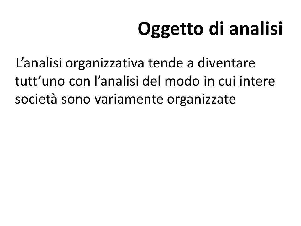 Oggetto di analisi Lanalisi organizzativa tende a diventare tuttuno con lanalisi del modo in cui intere società sono variamente organizzate