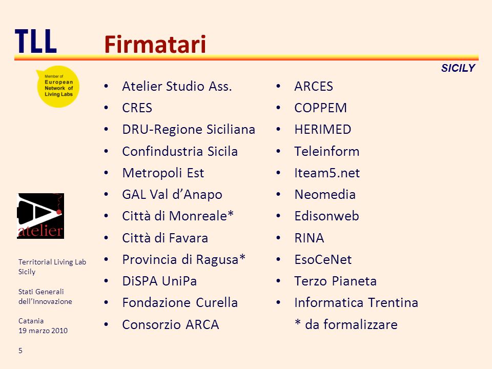 Territorial Living Lab Sicily Stati Generali dellInnovazione Catania 19 marzo TLL SICILY Firmatari Atelier Studio Ass.