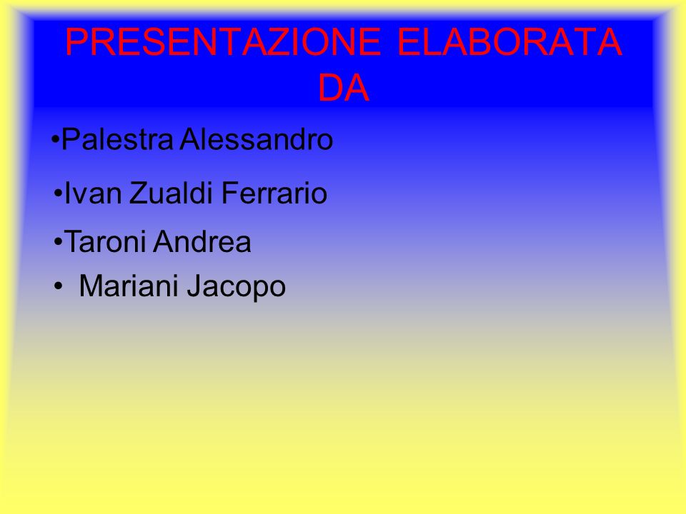 PRESENTAZIONE ELABORATA DA Mariani Jacopo Palestra Alessandro Ivan Zualdi Ferrario Taroni Andrea