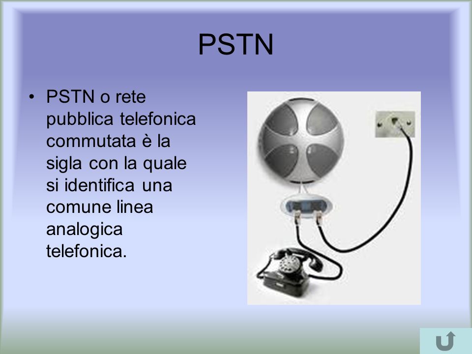 PSTN PSTN o rete pubblica telefonica commutata è la sigla con la quale si identifica una comune linea analogica telefonica.