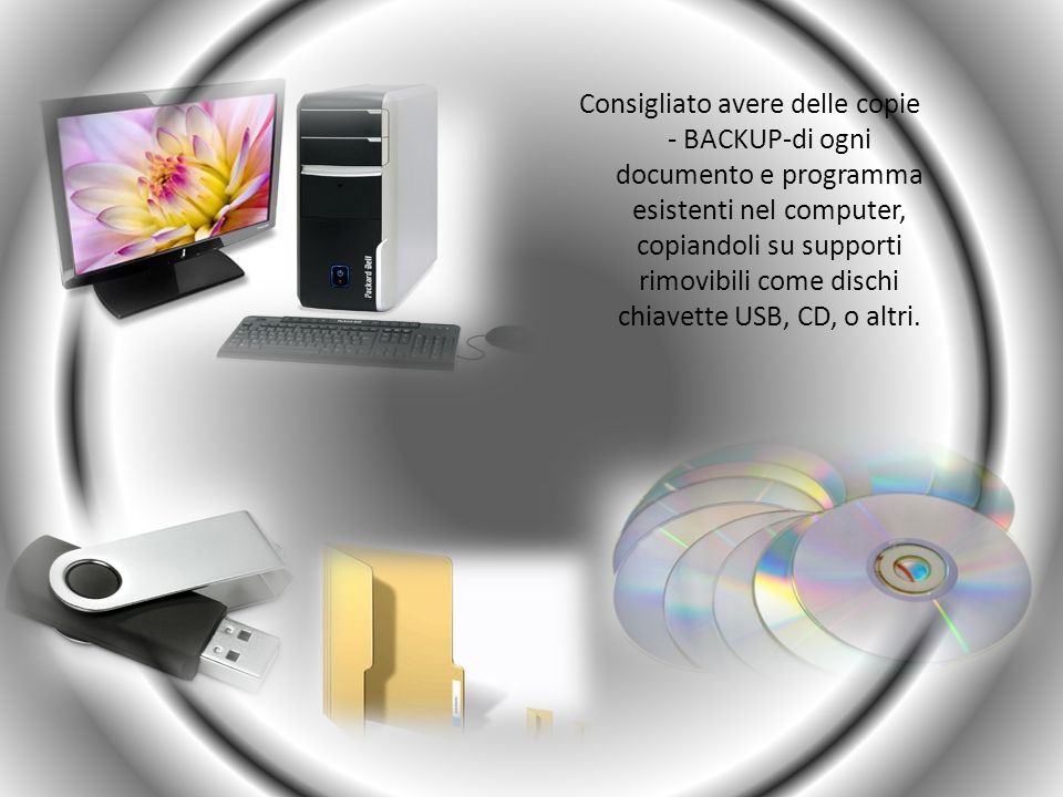Consigliato avere delle copie - BACKUP-di ogni documento e programma esistenti nel computer, copiandoli su supporti rimovibili come dischi chiavette USB, CD, o altri.