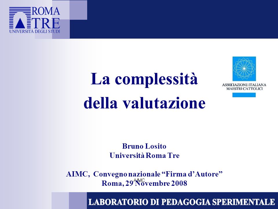 AIMC La complessità della valutazione Bruno Losito Università Roma Tre AIMC, Convegno nazionale Firma dAutore Roma, 29 Novembre 2008
