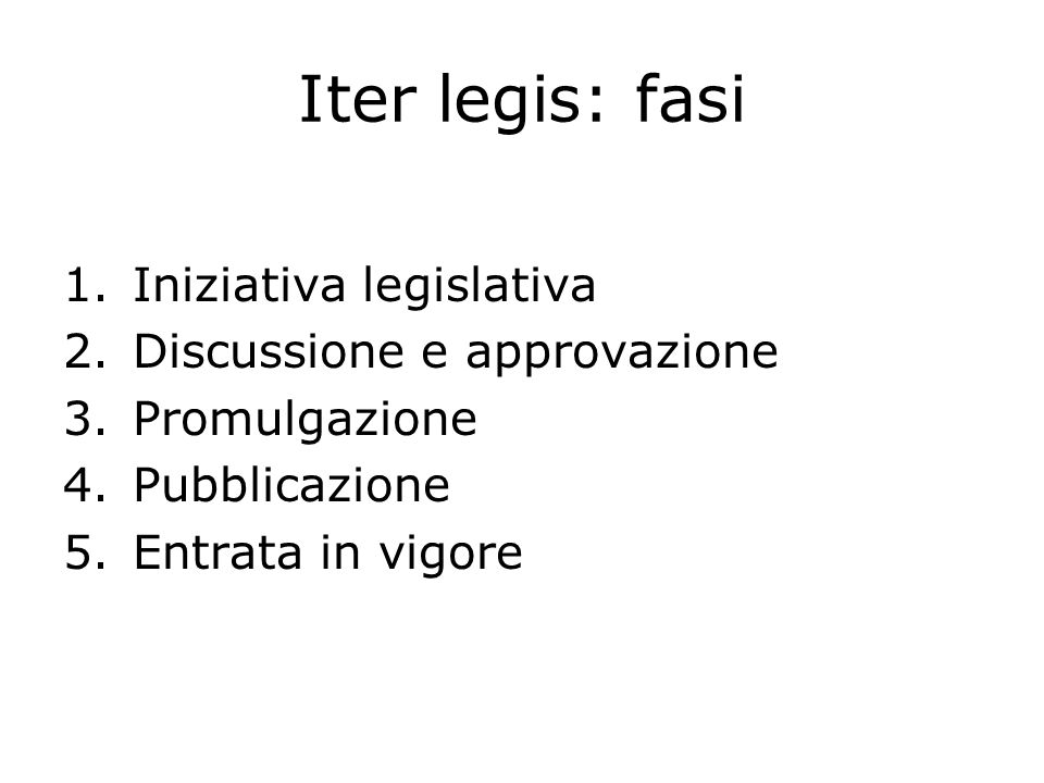 Iter legis: fasi 1.Iniziativa legislativa 2.Discussione e approvazione 3.Promulgazione 4.Pubblicazione 5.Entrata in vigore