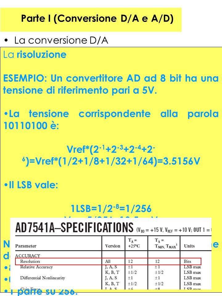 24 Parte I (Conversione D/A e A/D) La conversione D/A La risoluzione ESEMPIO: Un convertitore AD ad 8 bit ha una tensione di riferimento pari a 5V.