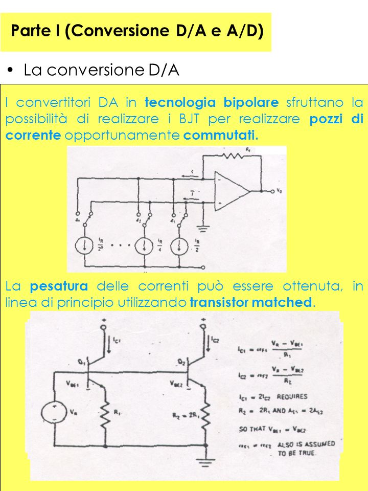 39 Parte I (Conversione D/A e A/D) La conversione D/A I convertitori DA in tecnologia bipolare sfruttano la possibilità di realizzare i BJT per realizzare pozzi di corrente opportunamente commutati.