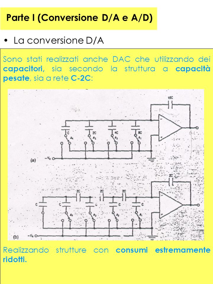 41 Parte I (Conversione D/A e A/D) La conversione D/A Sono stati realizzati anche DAC che utilizzando dei capacitori, sia secondo la struttura a capacità pesate, sia a rete C-2C : Realizzando strutture con consumi estremamente ridotti.