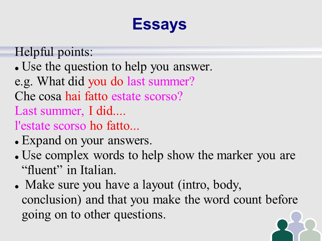 Essays Helpful points: Use the question to help you answer.