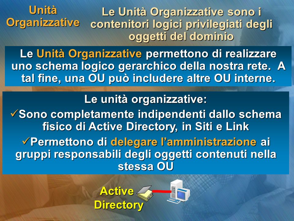 Unità Organizzative Le Unità Organizzative permettono di realizzare uno schema logico gerarchico della nostra rete.