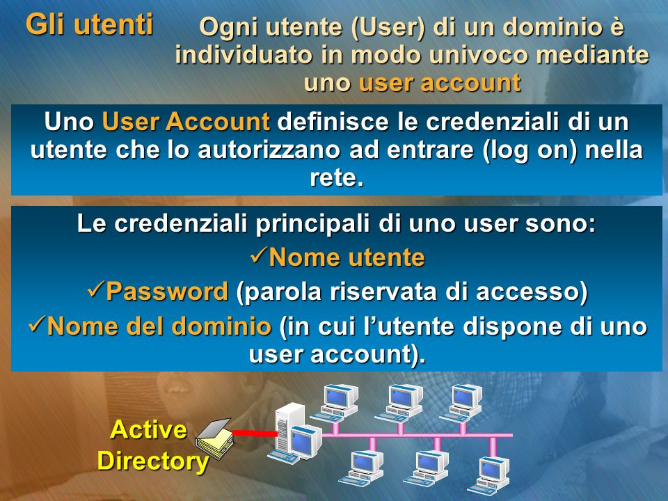 Gli utenti Uno User Account definisce le credenziali di un utente che lo autorizzano ad entrare (log on) nella rete.