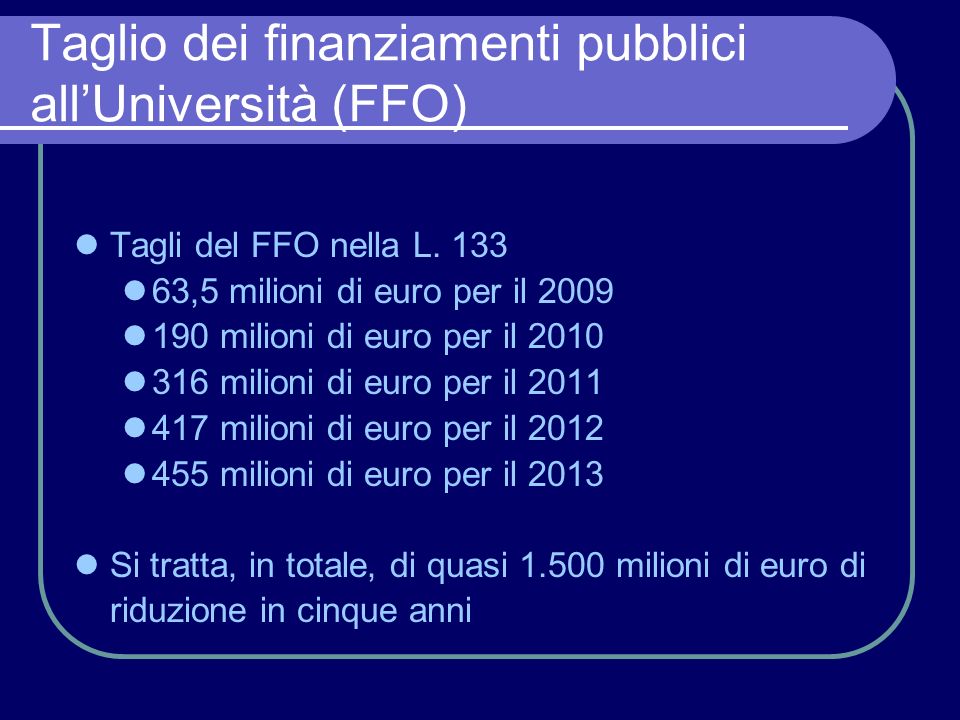 Taglio dei finanziamenti pubblici allUniversità (FFO) Tagli del FFO nella L.