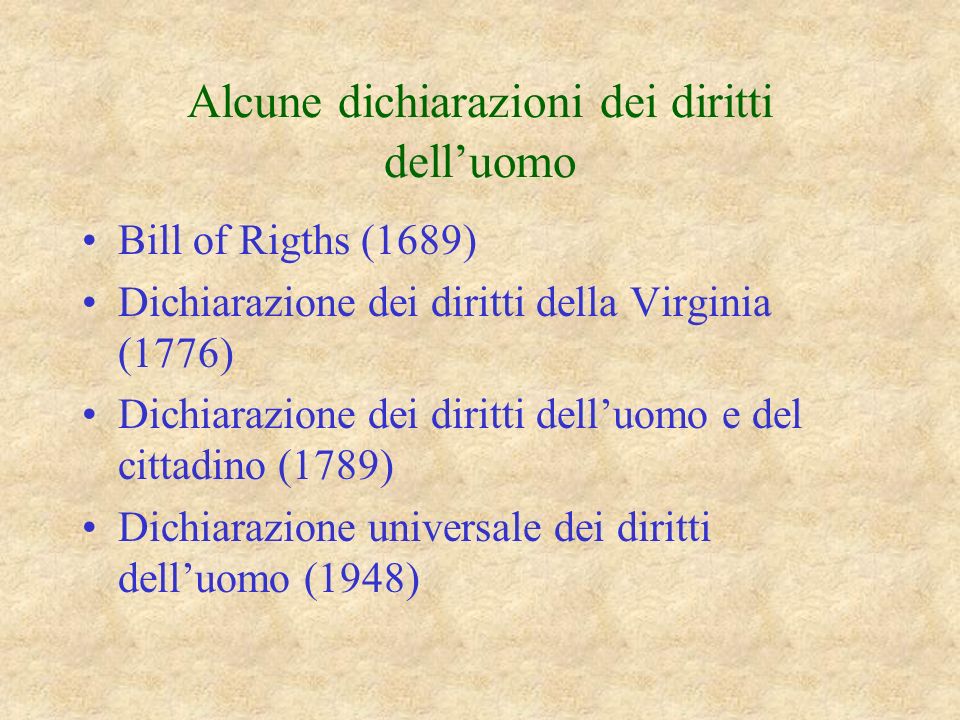 Alcune dichiarazioni dei diritti delluomo Bill of Rigths (1689) Dichiarazione dei diritti della Virginia (1776) Dichiarazione dei diritti delluomo e del cittadino (1789) Dichiarazione universale dei diritti delluomo (1948)