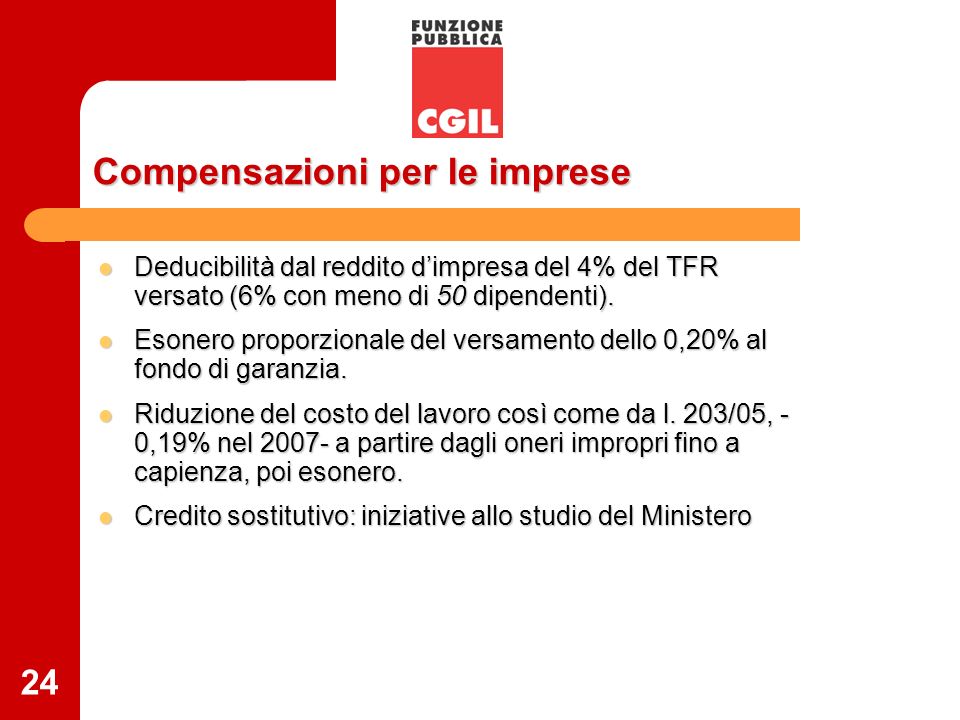24 Compensazioni per le imprese Deducibilità dal reddito dimpresa del 4% del TFR versato (6% con meno di 50 dipendenti).