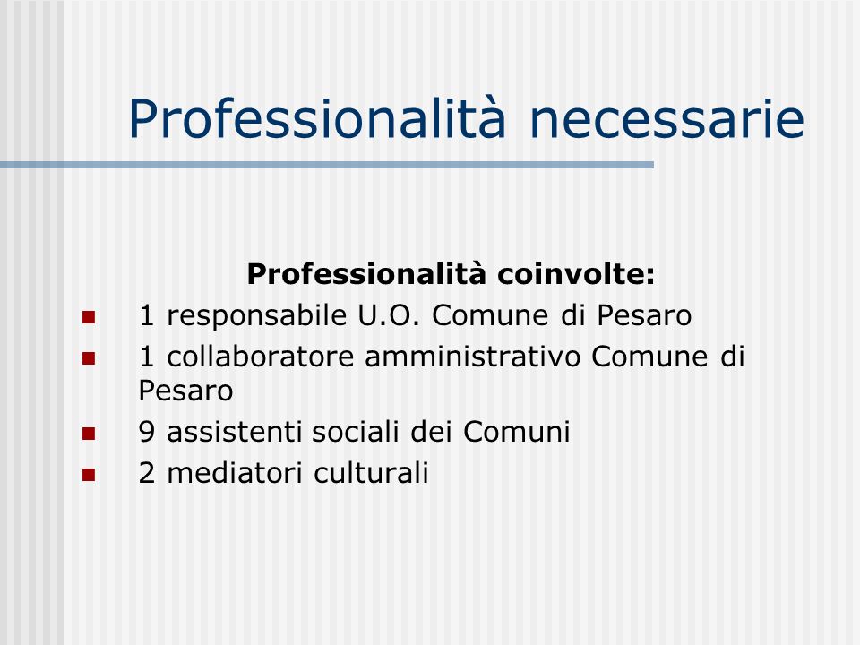 Professionalità necessarie Professionalità coinvolte: 1 responsabile U.O.
