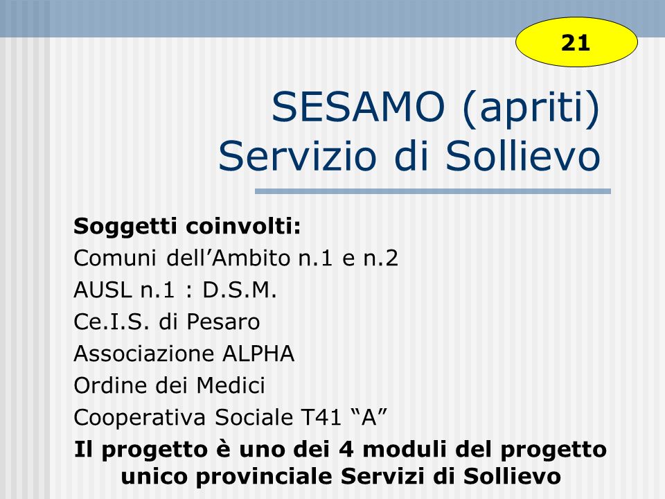 SESAMO (apriti) Servizio di Sollievo Soggetti coinvolti: Comuni dellAmbito n.1 e n.2 AUSL n.1 : D.S.M.