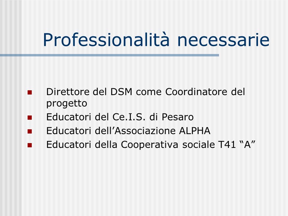 Professionalità necessarie Direttore del DSM come Coordinatore del progetto Educatori del Ce.I.S.