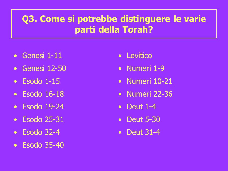 Q3. Come si potrebbe distinguere le varie parti della Torah.