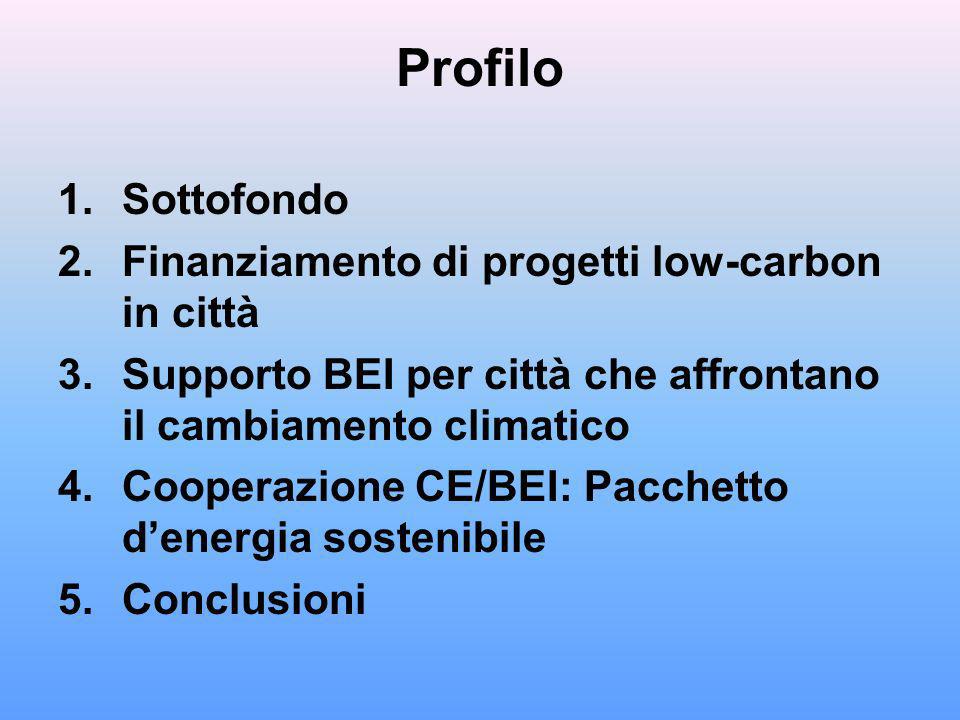 Profilo 1.Sottofondo 2.Finanziamento di progetti low-carbon in città 3.Supporto BEI per città che affrontano il cambiamento climatico 4.Cooperazione CE/BEI: Pacchetto denergia sostenibile 5.Conclusioni