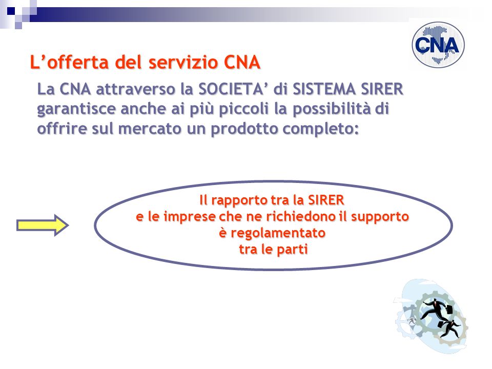 Lofferta del servizio CNA La CNA attraverso la SOCIETA di SISTEMA SIRER garantisce anche ai più piccoli la possibilità di offrire sul mercato un prodotto completo: Il rapporto tra la SIRER e le imprese che ne richiedono il supporto è regolamentato tra le parti
