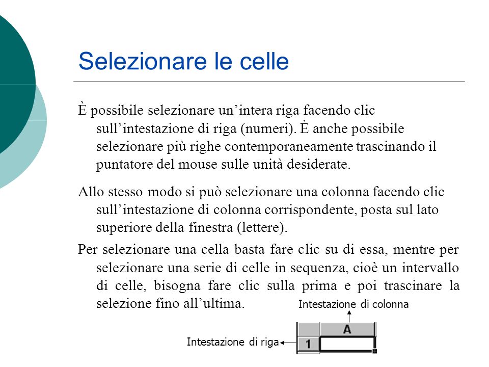 Selezionare le celle È possibile selezionare unintera riga facendo clic sullintestazione di riga (numeri).