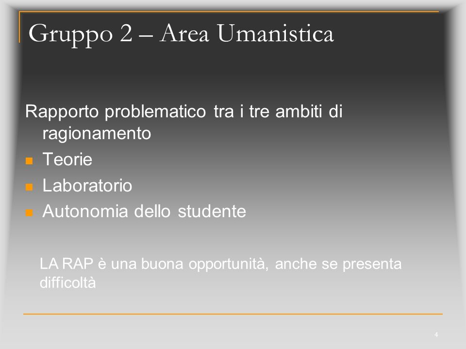 4 Gruppo 2 – Area Umanistica Rapporto problematico tra i tre ambiti di ragionamento Teorie Laboratorio Autonomia dello studente LA RAP è una buona opportunità, anche se presenta difficoltà
