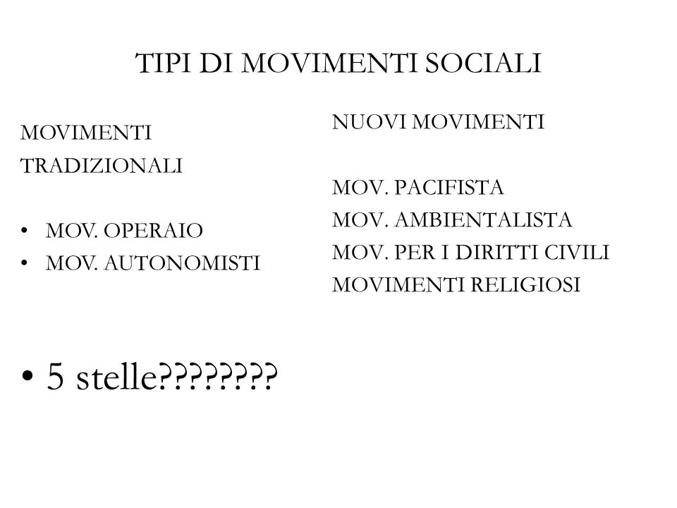 TIPI DI MOVIMENTI SOCIALI MOVIMENTI TRADIZIONALI MOV.