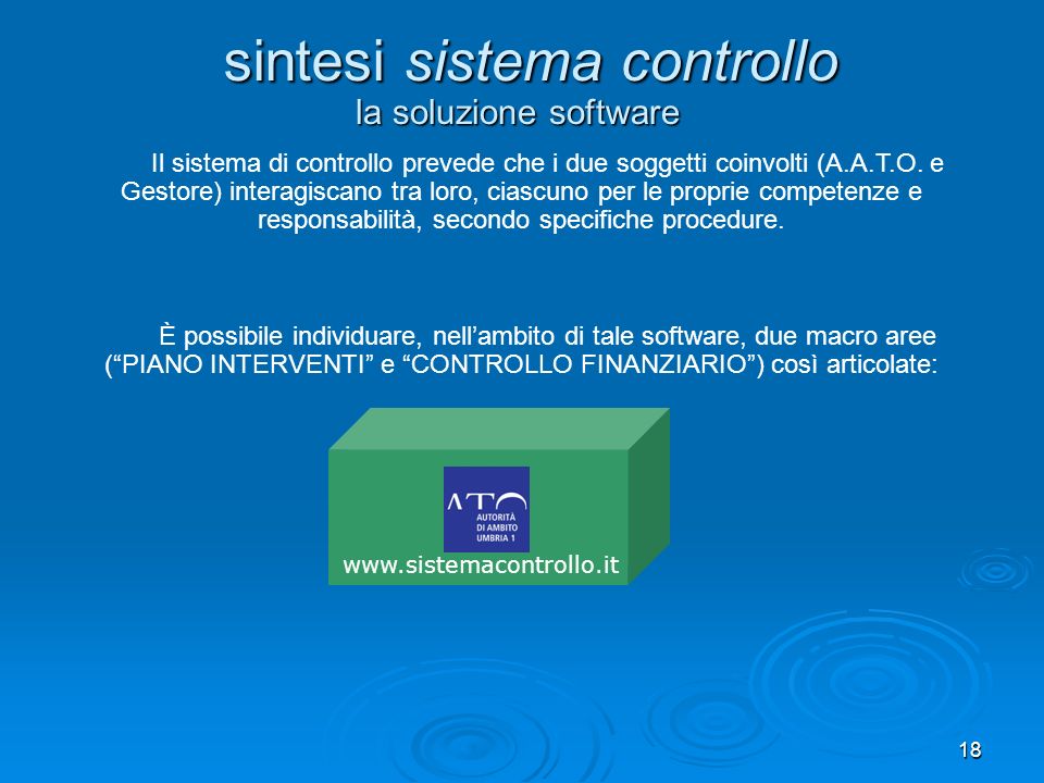18 la soluzione software sintesi sistema controllo Il sistema di controllo prevede che i due soggetti coinvolti (A.A.T.O.