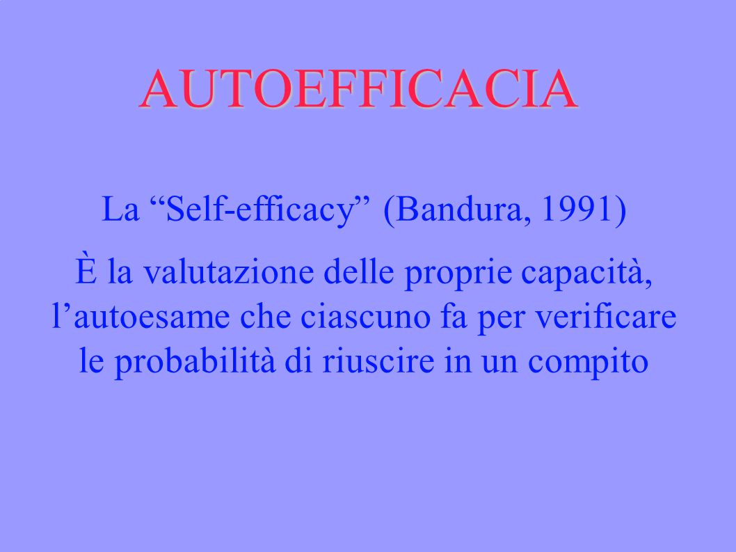 La Self-efficacy (Bandura, 1991) È la valutazione delle proprie capacità, lautoesame che ciascuno fa per verificare le probabilità di riuscire in un compito AUTOEFFICACIA