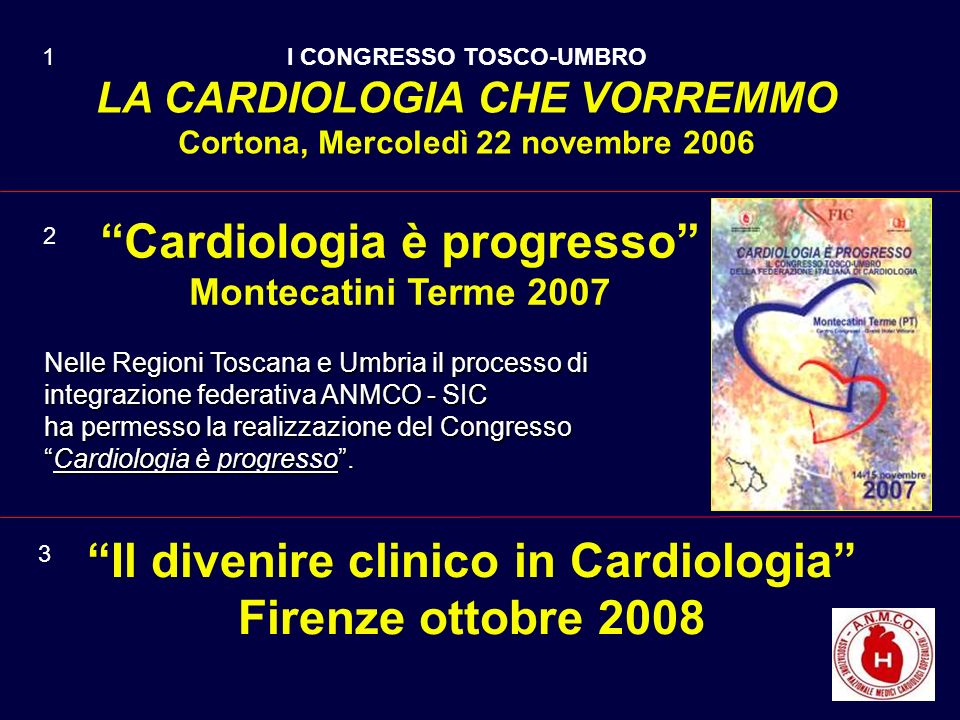 Cardiologia è progresso Montecatini Terme 2007 Nelle Regioni Toscana e Umbria il processo di integrazione federativa ANMCO - SIC ha permesso la realizzazione del Congresso Cardiologia è progresso.Cardiologia è progresso.