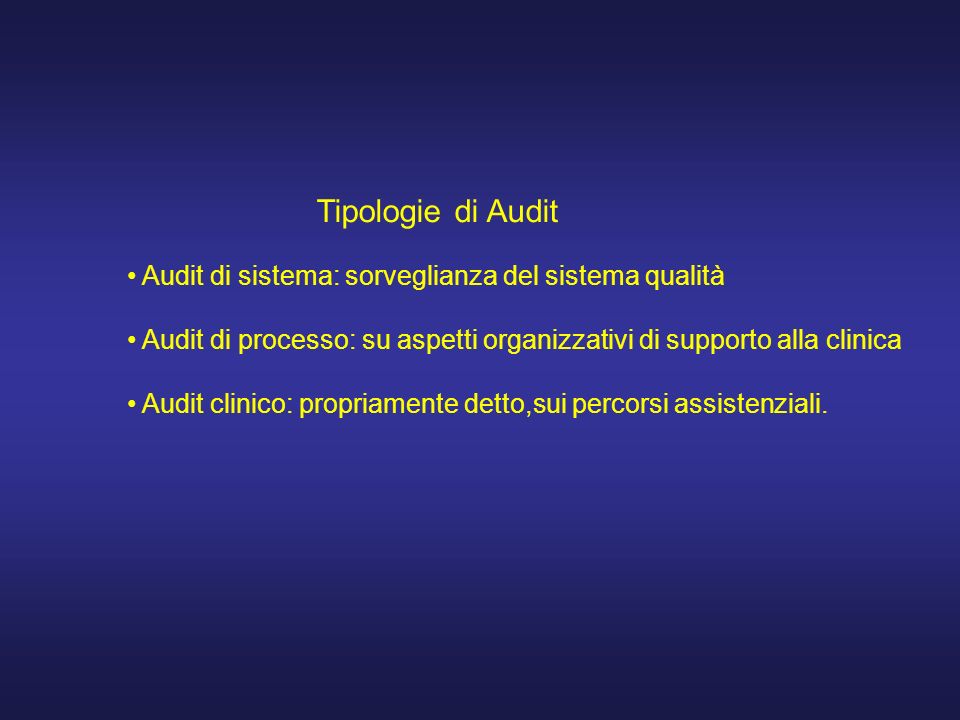 Tipologie di Audit Audit di sistema: sorveglianza del sistema qualità Audit di processo: su aspetti organizzativi di supporto alla clinica Audit clinico: propriamente detto,sui percorsi assistenziali.