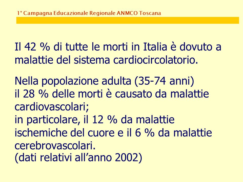 Il 42 % di tutte le morti in Italia è dovuto a malattie del sistema cardiocircolatorio.